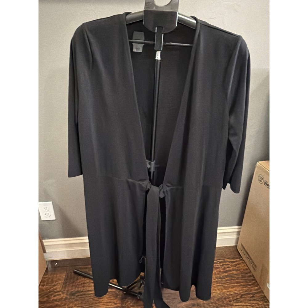 Black Wrap Dress V-Neck 3/4 Sleeve Midi Tie Waist RN51323 Solid Minimalist